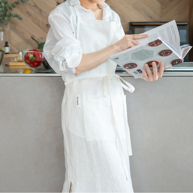 [Family Storage] 100% French Linen Material-focused Long Apron Covers the