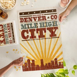 Lantern Press 1000 Piece Challenging Jigsaw Puzzle, Denver, Colorado, Skyline and Sunburst Screenprint Style
