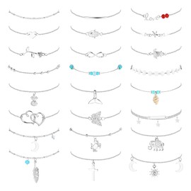 Dochais Pack of 7-24 Shiny Silver Anklets with Rhinestones Waterproof Boho Adjustable Summer Anklet Women's Anklet Vintage Beads Anklet, 21 cm, Metal