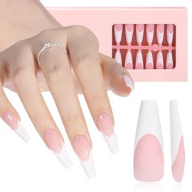 AILLSA Uñas Postizas Francesas de Gel, 180 Unidades, Uñas Largas Ataúd Rosa, con Base Y Primer Preaplicados, No Necesitan Lima, Puntas Suaves, Ideales