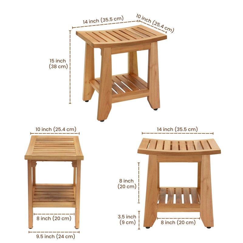 Teak Shower Bench Stool, 14'' Compact Waterproof Wooden Sauna Bath