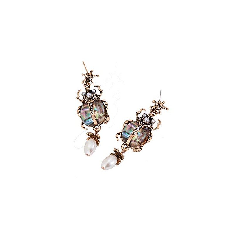 Vintage Bug Insect Beetle Dangle Earrings Abalone Shell Crystal Pearl
