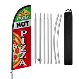 QSUM 8FT Fresh Hot Pizza Signs for Business, Fresh Hot Pizza Swooper Flag, Eye Catching Advertising Fresh Hot Pizza Banner with Stainless Steel Flagpole, Ground Stake and Polyester Flag