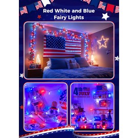 Red White Blue LED Mini Lights, 39Feet 100 LED 4th of July Decor String Lights with 8 Lighting Modes, Connectable Independence Day Lights for Wreath Indoor Outdoor Memorial Day Decoration, White Wire