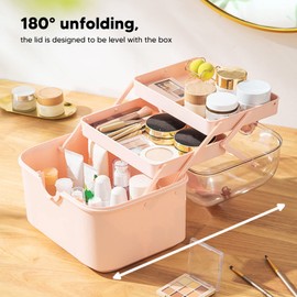 Tissting Makeup Organizer Cosmetic Storage Box with Portable Handled and Clear Cover, Pink 11in 3 Layer Folding Plastic Cosmetics Display Case Skincare Organizers for Arts Crafts Sewing