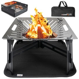 CAMPALITE 2 in 1 Fire Pit and Grill for Camping Picnics Outdoor Patio, Collapsible and Portable Fire Pit, Wood Burning Firepit, Stainless Steel Fire Deck, with Storage Bag, Carbon Fiber Fire Mat.