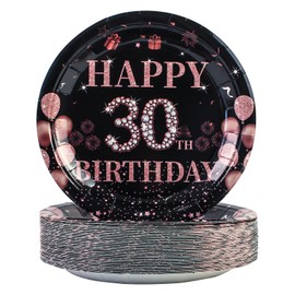 EVYIENEN 50PCS Rose and Gold Paper Plates,30th Happy Birthday Disposable Tableware Party Plates for Boys,Girls,Women,30th Birthday Party Supplies Table Decor