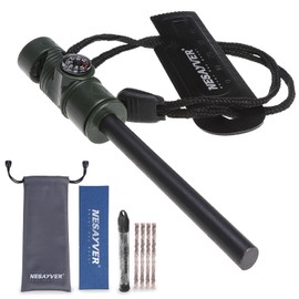 NESAYVER Fire Starter Ferro Rod, Survival Flint Fire Starters Kit with Handle Compass Paracord Lanyard for Hiking Camping, Steel Tool with Tinder Rope Pocket Bellow Green