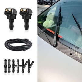 PACLVIO 2pcs Front Windshield Washer Nozzles, Front Windshield Washer Nozzle kit and Fluid Hose, Universal Car Accessories Windshield Washer Nozzles Wiper Spray Replacement for Most Cars