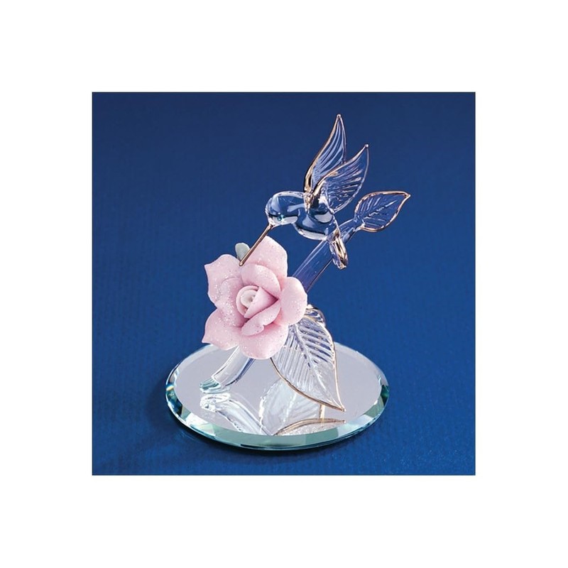 Diamond2Deal Hummingbird and Pink Porcelain Rose Handcrafted Glass Figurine