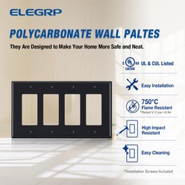ELEGRP 4-Gang Decorative Wall Plates, Mid-Size 4.88" H x 8.57" L Unbreakable Thermoplastic Faceplate Cover for Decorator Receptacle Outlet Switch, UL Listed (1 Pack, Glossy Black)