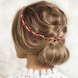 BETITETO Bridal Crystal Headband Wedding Rhinestone Gold Metal Hair Vine Pieces Accessories for Women and Girls (Red)