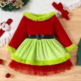 IDOPIP Baby Dress Girls Christmas Dress Kids Long Sleeve Dress Christmas Princess Dress Christmas Outfit Christmas Costume Cosplay Party Dress Autumn Winter, Green