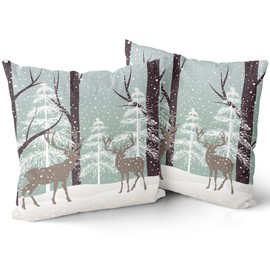 Winter Wildlife Deer Pillow Covers 18X18 Inch Christmas Reindeer Snowflake Tree Ivory Blue Decorative Pillow Cases Set of 2 Christmas Holiday Throw Pillows Farmhouse Home Decor For Sofa Room Bedroom