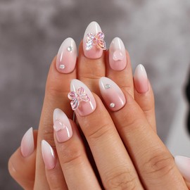 Artquee Press on Nails Short - Ombre Pink White Press on Nails Almond with Butterfly Heart Designs, Reusable Fake Nails for Women Stick on Nails in 15 Sizes - 30 Nail Kit, Z277
