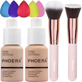 PHOERA Foundation 102 and 103 & Face Primer,Liquid Full Coverage Foundation Set,Foundation Brush Powder Brush,5 Makeup Sponge,30ml PHOERA 24HR Matte Oil Control Concealer (102 Nude + 103 Warm peach)