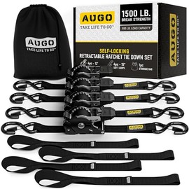 AUGO Self-Locking Retractable Ratchet Straps | 2 Heavy Duty Self-Tensioning Retractable Tie Down Straps with Soft Loops & Storage Bag | for Motorcycle, Truck, Cargo | 1500Lb Break Strength 1” x 12’