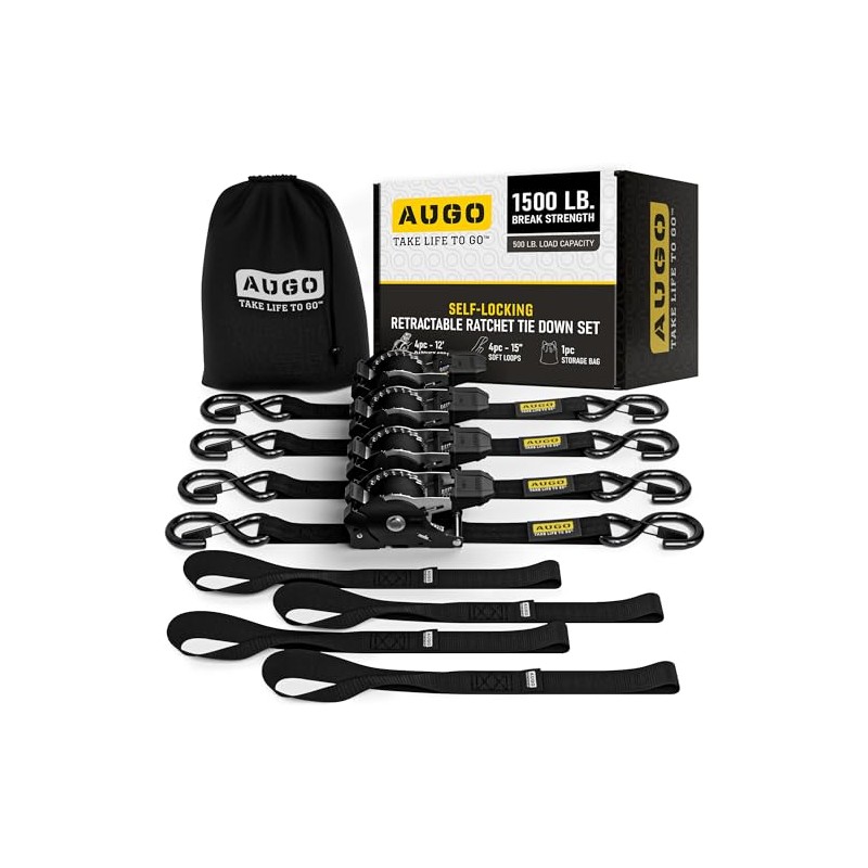 AUGO Self-Locking Retractable Ratchet Straps | 2 Heavy Duty Self-Tensioning