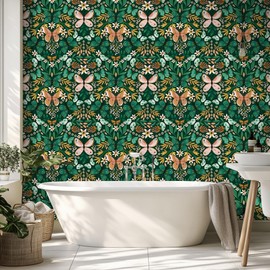 HAOKHOME Boho Peel and Stick Wallpaper Vintage Butterfly Floral Removable Contact Paper for Bathroom Accent Wall Powder Room Self Adhesive Vinyl 17.3in x 118in