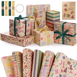 Hianjoo Papel de Regalo Papel Kraft Cumpleaños, 6 Hoja Papel Reciclable 70x50cm Envolver Regalos Papeles Craft con 1 Hoja Pegatinas de Regalo 1 Cinta de Doble Cara y 4 Cintas