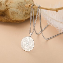 kkjoy Archangel Saint Michael Protect Us Necklace Stainless Steel Saint Benedict of Nursia Saint Cyprian Religious Pendant Necklace Protection Amulet Jewellery Catholic Gift for Men Women, Stainless