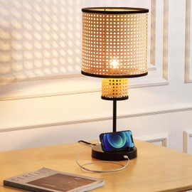 VidaLite Nakuv - Modern Bohemian USB Port Table Lamp with 2 Tier PVC Rattan Shade and Velvet Stiched Rim for Foyer, Kitchen Living Room, Bedroom, Beige