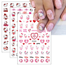 Valentines Day Nail Art Stickers- 8 Sheets Cute Nail Stickers 3D Self Adhesive Cartoon Nail Decals Cute Cat Heart Lips Nail Art Foil Designs Kawaii Nail Charms for Women Girls Nail Decoration