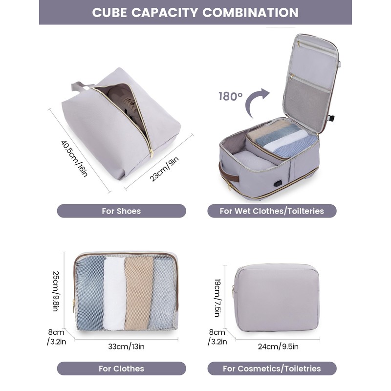 LOVEVOOK Women's Hand Luggage Backpack Large 40L, Light Grey White