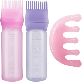 lylqmy 2 Pack Hair Oil Applicator Bottle for Scalp with 1 Pack Massage Comb,Root Comb Bottle 6 Ounce,Oil Applicator for Hair Dye,Oiling Brush with Graduated Scale,Hair Dye Tools (Pink+Purple)