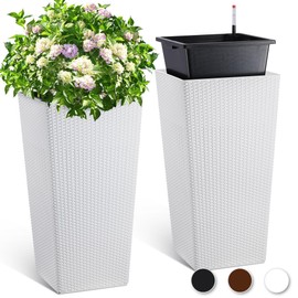 GarveeLife 30" Tall Planters Set of 2, Rattan Outdoor＆Indoor Planter Pots, High Front Porch Planter Pots with Drainage Holes＆Water Level Monitor＆Inner Bucket, Automatic Watering, White