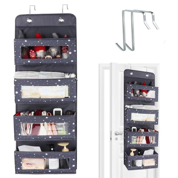 Anstore Hanging Storage Organiser, 4 Pockets Over Door Storage Organiser, Wall Hanging Storage Organiser with Transparent Window for Toys, Magazine, Purses, Keys, Sunglasses, Hat (Gray)