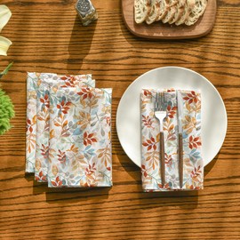 Horaldaily Fall Cloth Napkins 18 x 18 Inch, Thanksgiving Autumn Harvest Orange Blue Watercolor Leaf Party Dinner Decoration Washable Napkins Set of 4