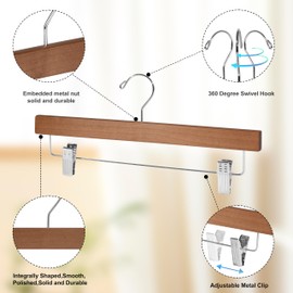 Quality Hangers Wooden Pants Hangers - 10-Pack Swivel Hook Cloth Hanger Set - Lotus Wood Skirt, Pant, Shorts and Slack Hangers with Adjustable Clip (Walnut - Chrome Hook, 10)