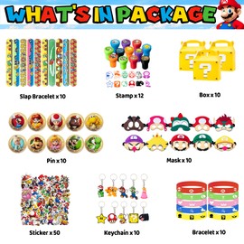 122 Pcs Birthday Party Favors Include 10 Boxes,20 Wristbands, 10Masks,10 Keychains, 12 Stamps,10 Pattern decorations and 50 Stickers for Kids, Best Gift Bag Filler for Themed Party
