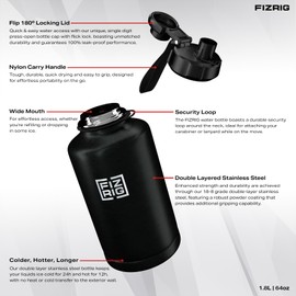 FIZRIG Stainless Steel Water Bottle | Sports Hydration Gym Jug | Double Wall Insulation | Extra Strong, Leak Proof | Flip Open 180º Locking Lid (1.8L)
