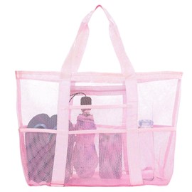 Large Mesh Beach Bag for Women Sac de Plage Beach Tote Bag with Zipper Pockets Sandproof Vacation Essentials Travel Vacation (Pink)
