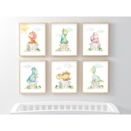 bumbleboo Dinosaur Nursery Wall Prints, Play Room Decoration For Boy, Nursery Wall Art, Nursery Room Decor, Dinosaur Room Decor For Boys, Unframed, Set of 6 Prints, 8x10