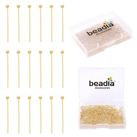 BEADIA Alfileres de cabeza de bola chapados en oro de 14 quilates, no se deslustran, 30 mm, 200 unidades para hacer joyas