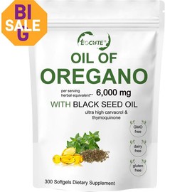 EOCUTE Oil of Oregano Softgels 6000mg Per Serving, 180,300 Pcs/Pack, Plant-Based Dietary Supplement with 200mg Carvacrol & Thymoquinone - Vitamin - Specification: 180 Softgels