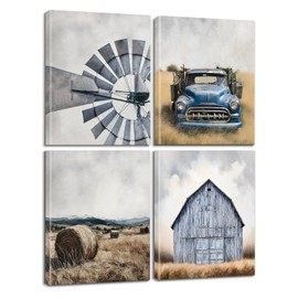NIIORTY 4 Set Framed Rustic Farmhouse Wall Art, Vintage Windmill, Classic Blue Truck, Hay Bale Field, Blue Barn Canvas Prints, Western Country Home Decor 8x10 Inch