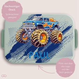 Children's Bento Box Midi Lunch Box for Mepal Bento Box - Car - Monster Truck with Name | Monster Truck | Boys Gift First Day at School | Trucks Monster - 900 ml - Sage Green - Lunch Box School Boy