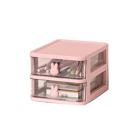 Multi-Tier Desk Storage Box, Plastic Storage Drawers, Transparent Drawer Organiser with Bunny Handle for Storing Books and (Pink, 2 Tiers