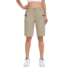 MoFiz Women's Walking Hiking Cargo Shorts 10" Quick Dry UPF50+ Summer Outdoor Camping Travel Golf Shorts Khaki Size EU M