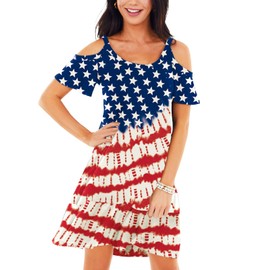 4th of July Dress Women Tie Dye Stars Dress Memorial Day Spaghetti Strap Short Sleeve Holiday Beach Cover Ups L
