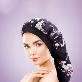 Extra Long Colorful Satin Bonnet Sleep Cap Long Bonnet for Braids Hair Loose Cap (Black Flowers)