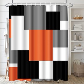 ArtSocket Geometric Orange Bathroom Set with Shower Curtain and Rugs Accessories, Black and Gray Modern Shower Curtain, Orange Bathroom Decor 4 Pcs