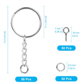150PCS Sliver Key Chain Rings Kit, 50PCS Key Chain Rings with Chain and 50PCS Open Jump Ring with 50PCS Screw Eye Pins for Crafts and Jewelry Making