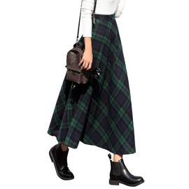 Ylingjun Long Plaid Wool Skirt for Womens Winter Fall High Elastic Waist A Line Flared Pleated Wool Skirts, Green/Long, XX-Large
