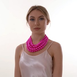 Faux Large Pearl Necklace for Women Five Multi Strand Pearl Necklace Bracelet Earrings set Big Pearl Bib Necklace 1920s Costume Jewelry Set (hot pink pearl necklace earrings set)