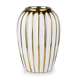 Hollyone White & Gold Ceramic Vase for Flowers, Decorative Flower Vase, Modern Vertical Stripes Vases, Ribbed Textured Flower Vase for Bedroom, Office, Living Room, Bathroom, Table Centrepiece